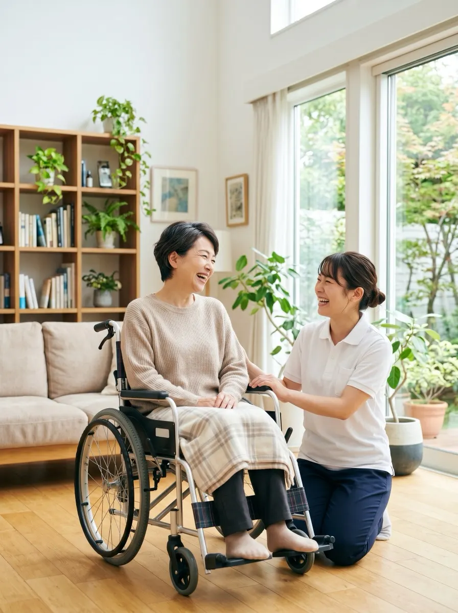 訪問介護スタッフが利用者に寄り添っている明るい室内
