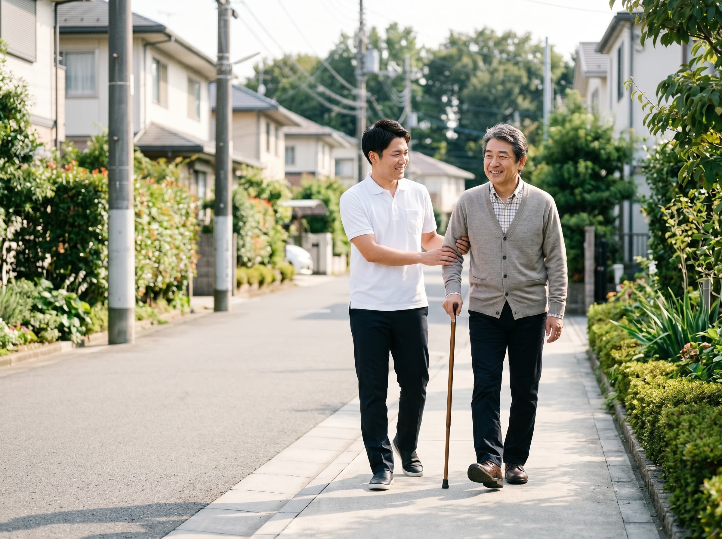 住宅街で外出に同行する訪問介護スタッフ